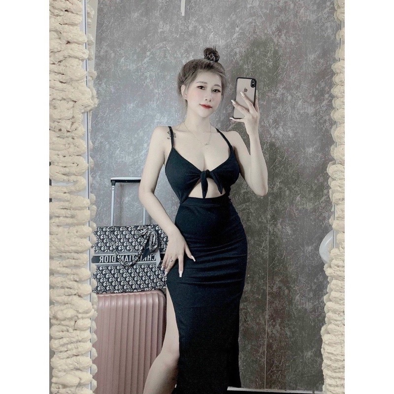 Đầm Hai Dây  Nơ Cột Ngực Dáng Dài Xẻ Tà Ngực Ôm Dáng Phong Cách Âu Mỹ Quyến Rũ Dành Cho Nữ Đi Biển Nghỉ Mát
