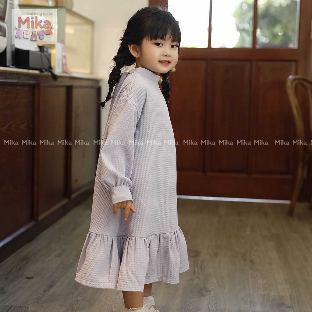 Váy thu đông bé gái MIKA dáng dài Hàn Quốc có bèo đuôi cá xinh xắn , Váy dài tay cổ buộc nơ chất liệu thun cotto co giãn