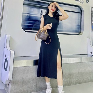  Đầm dài nữ dáng ôm sát nách cổ tròn xẻ tà quyến rũ chất thun lụa mềm – Feliza Clothing 