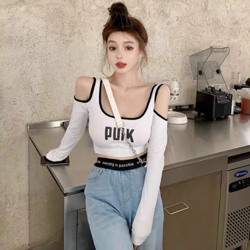 [Hot] ÁO KIỂU HỞ VAI VIỀN IN CHỮ PUNK CHẤT BORIP CO GIÃN TAY DÀI CHIZISHOP P001