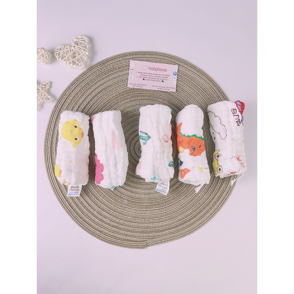 Khăn Sữa Xô 6 Lớp Manny KT 30x30 cm Set 5 Chiếc Cho Bé Sơ Sinh, Khăn Rửa Mặt Chất Liệu Cotton Mềm Mịn