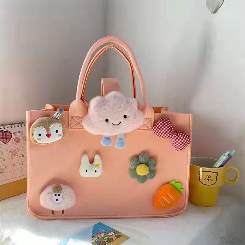 Túi vải nỉ nữ xách tay găn gấu bông đẹp dễ thương thời trang đi làm, đi chơi