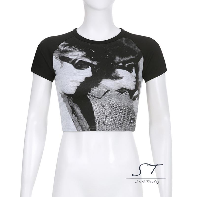 Áo Thun Crop Top Nữ Cổ Tròn Tay Ngắn In Hình Chân Dung Màu Đen Phong Cách Vintage CY03