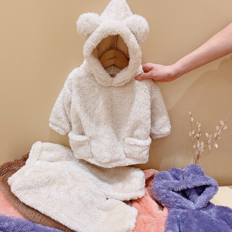 Bộ lông cừu cho trẻ em 8-20kg, bộ thu đông dài tay mẫu tai gấu ngộ nghĩnh cho bé