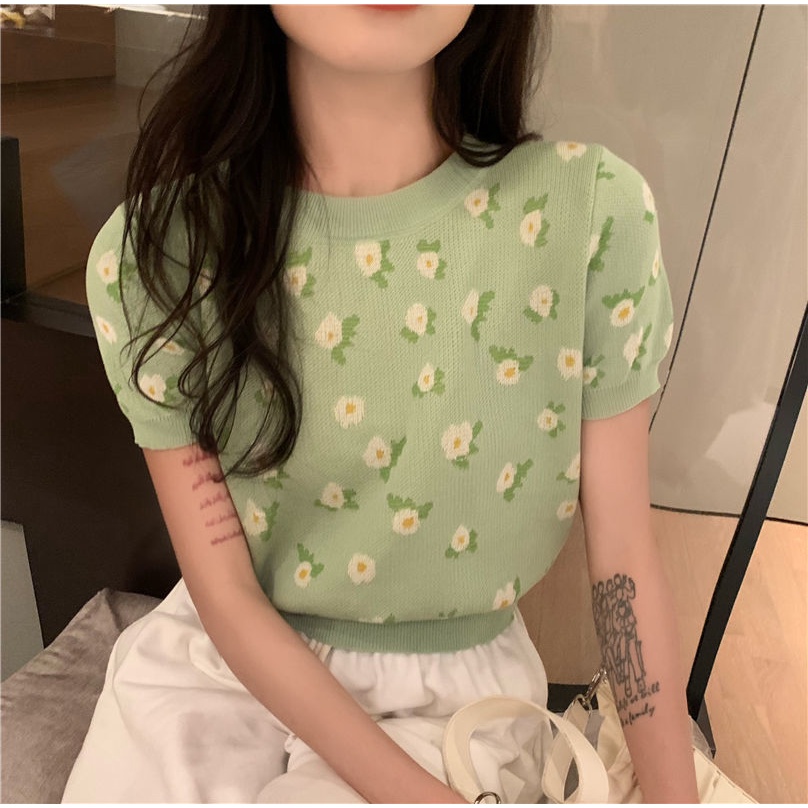 Áo Thun Dệt Kim Mỏng Tay Ngắn Thời Trang Mùa Hè 2022 Dành Cho Nữ