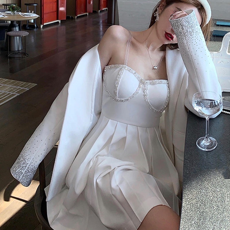 Set Đồ Nữ Sang Chảnh Váy Body Hai Dây Dáng Ngắn Sexy, Áo Vest Nữ Blazer Trắng Kiểu Hàn Quốc Set Đồ Đi Tiệc Chali SD147