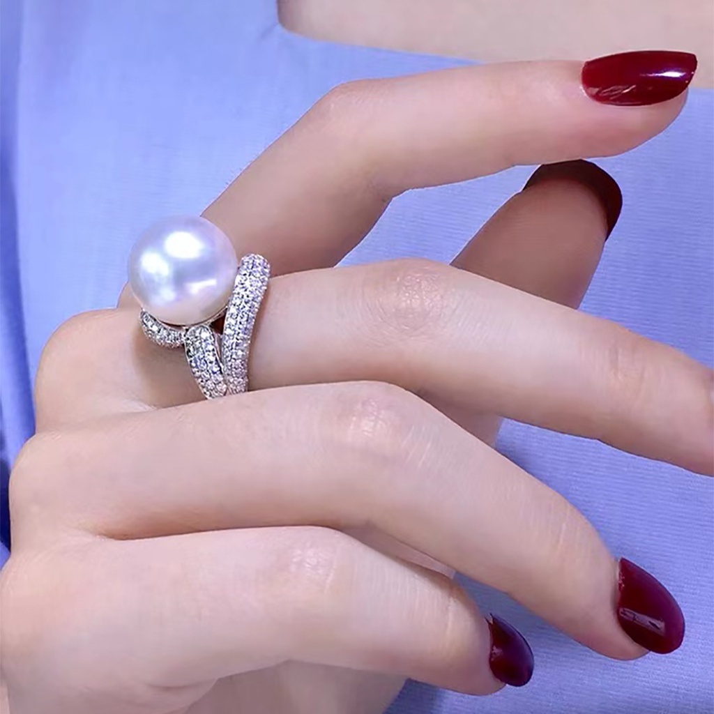 High carbon diamond pearl ring with female niche design, European and American ins light luxury opening