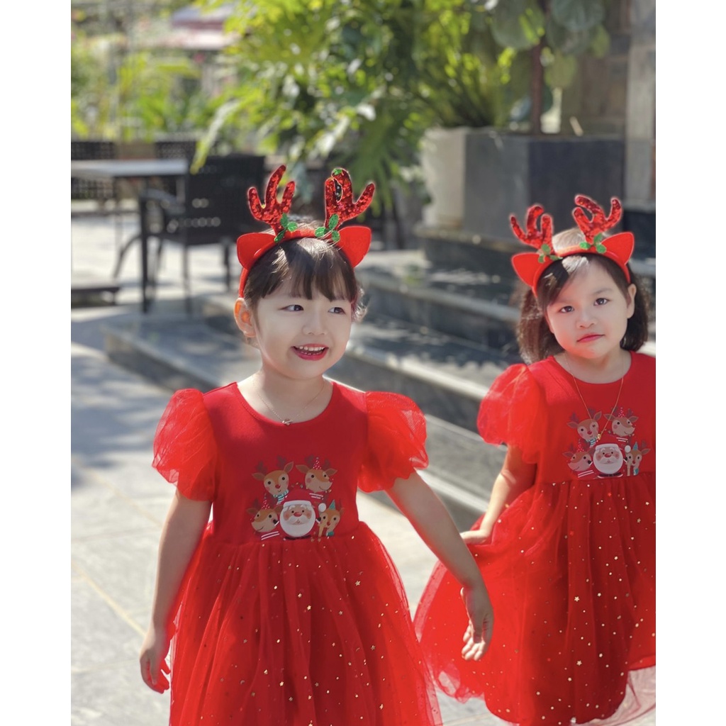 Váy Noel cho bé gái hình tuần lộc, áo tay phồng chân váy kim sa lấp lánh, đầm đỏ noel tết S001