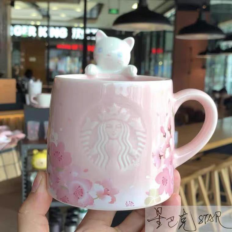 Cốc nước. Cốc Uống Cà Phê Starbucks Bằng Sứ Họa Tiết Hoa Anh Đào Và Mèo Dễ Thương