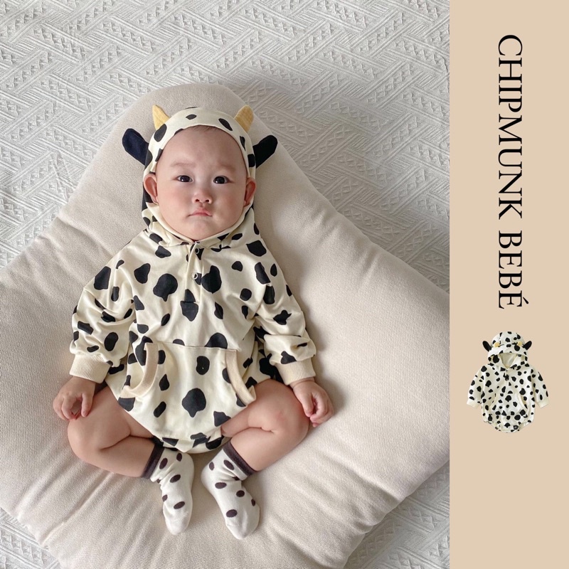 Bộ Bodysuit liền mũ cho bé 0-2 tuổi hình bò sữa cực đáng yêu cho bé trai bé gái mùa thu đông. Chipmunk Bebé