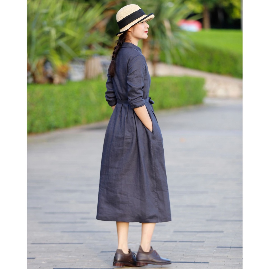 Đầm váy sơ mi nữ thắt eo ngắn tay, Đầm linen suông nữ dáng dài cổ sơ mi phong cách công sở