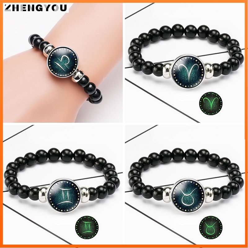 Vòng đeo tay RINHOO chuỗi hạt mặt biểu tượng 12 cung hoàng đạo tùy chọn phát sáng trong bóng tối thời trang unisex