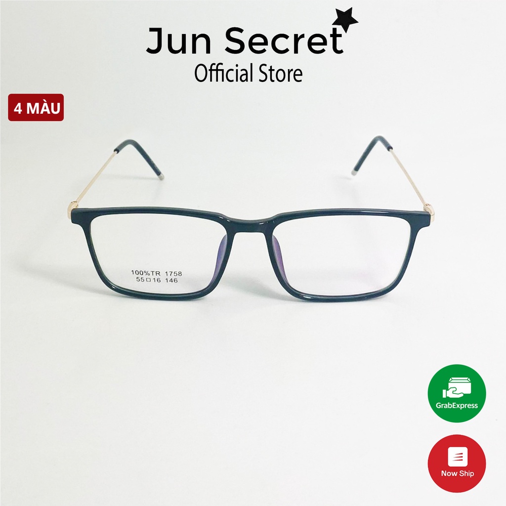 Mắt kính giả cận nam nữ Jun Secret gọng kim loại mảnh, tròng vuông 0 độ chống bụi, chống tia UV JS17A58