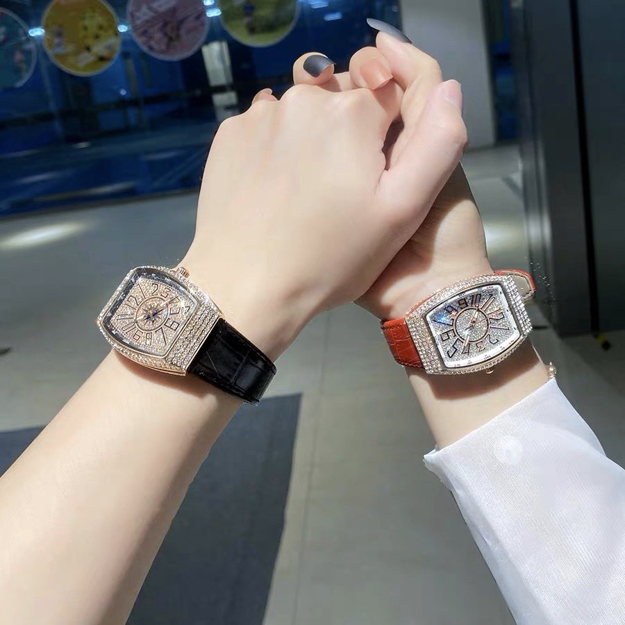 Đồng hồ nữ dây da franck muller, đồng hồ thời trang đính đá viền kim loại cao cấp chống nước tuyệt đối