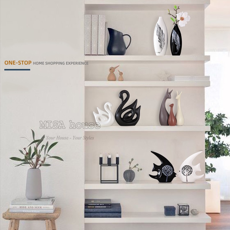 Tượng gốm sứ trang trí hình mèo cá chó hươu siêu xinh phong cách tối giản hiện đại decor tủ kệ tivi phòng khách quà tặng