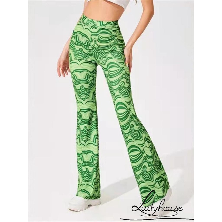 Quần Dài Ống Loe Lưng Cao In Họa Tiết Gợn Sóng Nước Thời Trang Tập Yoga Cho Nữ