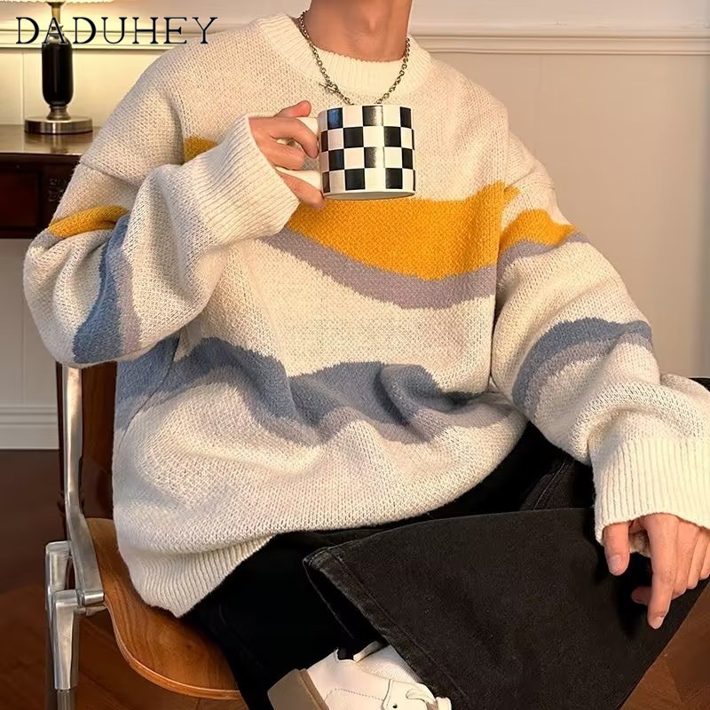 DaDuHey Men's Autumn Slim-Fit All-Match Long Sleeve Round Neck Sweater Ins Korean-Style Fashionable Striped Sweater