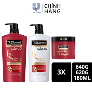 Combo gội 640g, xả 620g & ủ 180ml tresemme keratin smooth với dầu dưỡng tóc argan & keratin vào nếp suôn mượt