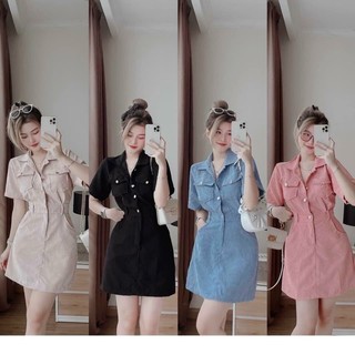 Váy nhung tăm xẻ trước cúc đồng thắt đai