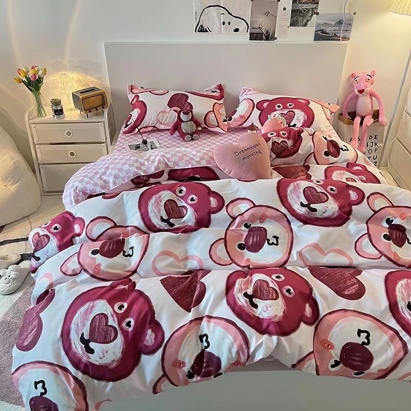 Bộ vỏ chăn ga cotton poly mẫu đầu gấu đỏ hồng hot hit, đủ size ga giường