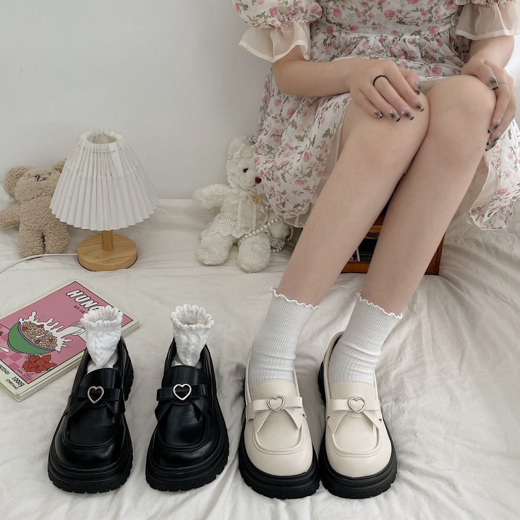 Giày Lười Da Đế Dày Đính Nơ Phong Cách Nhật Bản