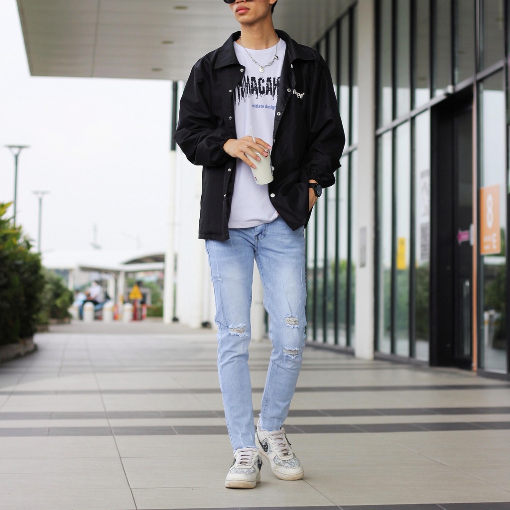 Quần jean nam rách gối gấu co giãn tốt phom form ôm dáng slimfit skinny màu xanh ghi nhạt Pon.mens hà nội