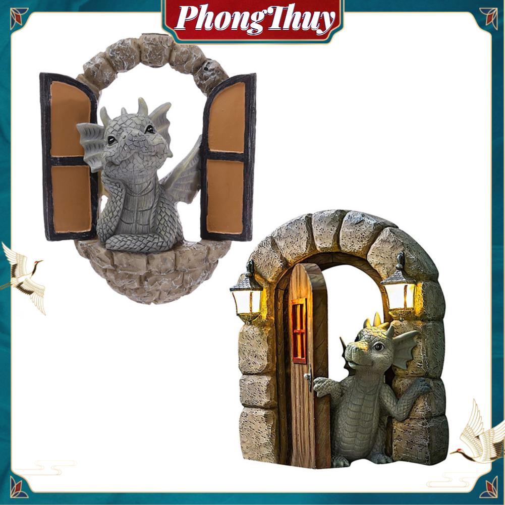 Tượng Khủng Long Leo Cửa Sổ Chất liệu nhựa Resin dễ thương Nhỏ gọn Trang Trí Sân Vườn