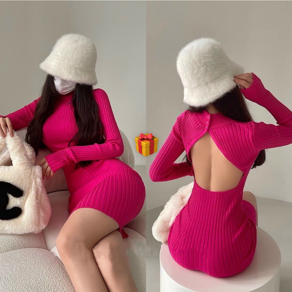 Đầm gân đũa tay dài ôm body hở lưng giọt nước cực hot , chất thun dày dặn