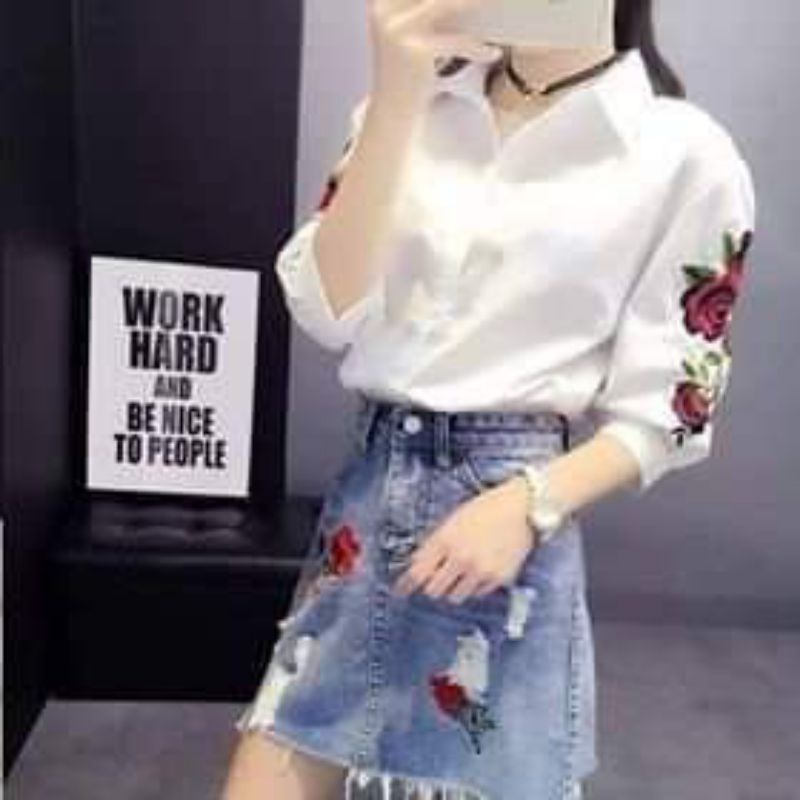 Áo sơ mi nữ tay lỡ thêu 3D hoa hồng