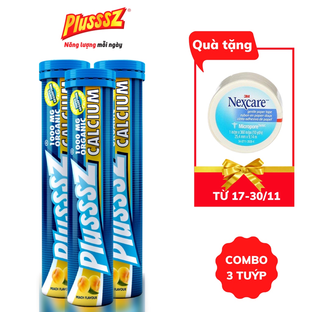 {COMBO 3 TUÝP} Viên sủi bổ sung canxi Plusssz Calcium vị Đào chanh leo không đường dễ hấp thu (Tuýp 20 viên sủi)