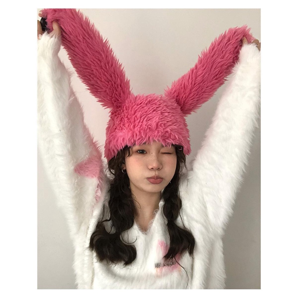 Mũ Trùm Đầu  Mũ Nhung Lông Dễ Thương Vui Nhộn Đường Phố Màu Hồng Đỏ Giữ Ấm Mùa Thu Đông Le