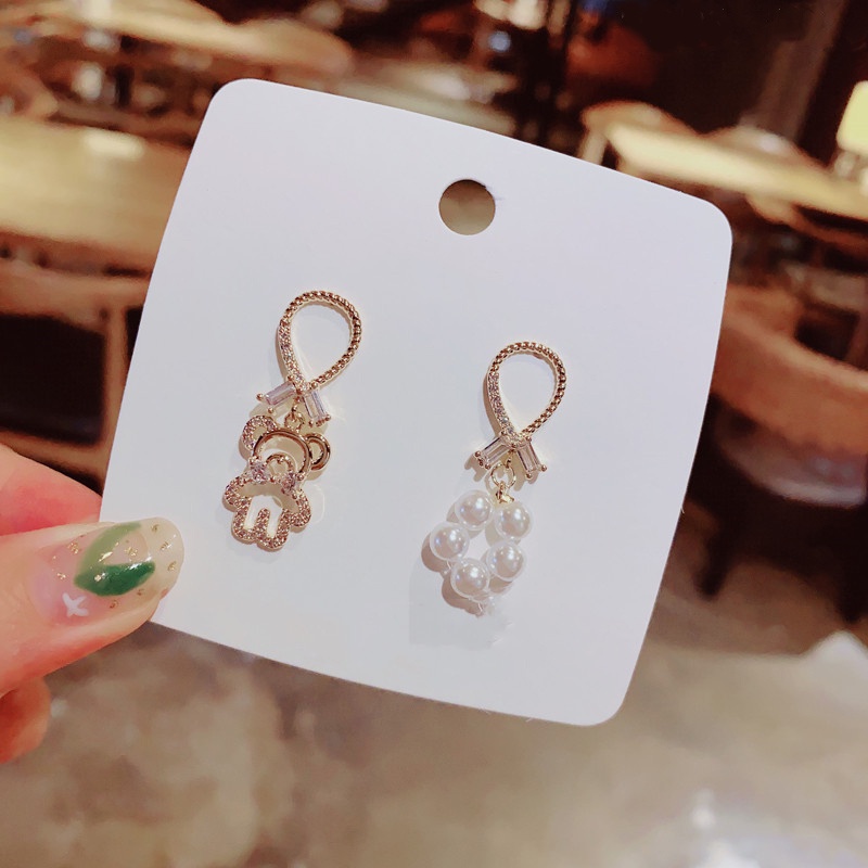 MANYUE Khuyên tai mạ kim bạc 925 hình chú gấu đính ngọc trai nhân tạo xinh xắn