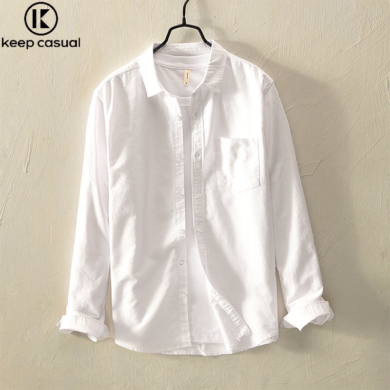Áo Sơ Mi Cotton Oxford Tay Dài Màu Trơn Phong Cách Retro Cho Nam