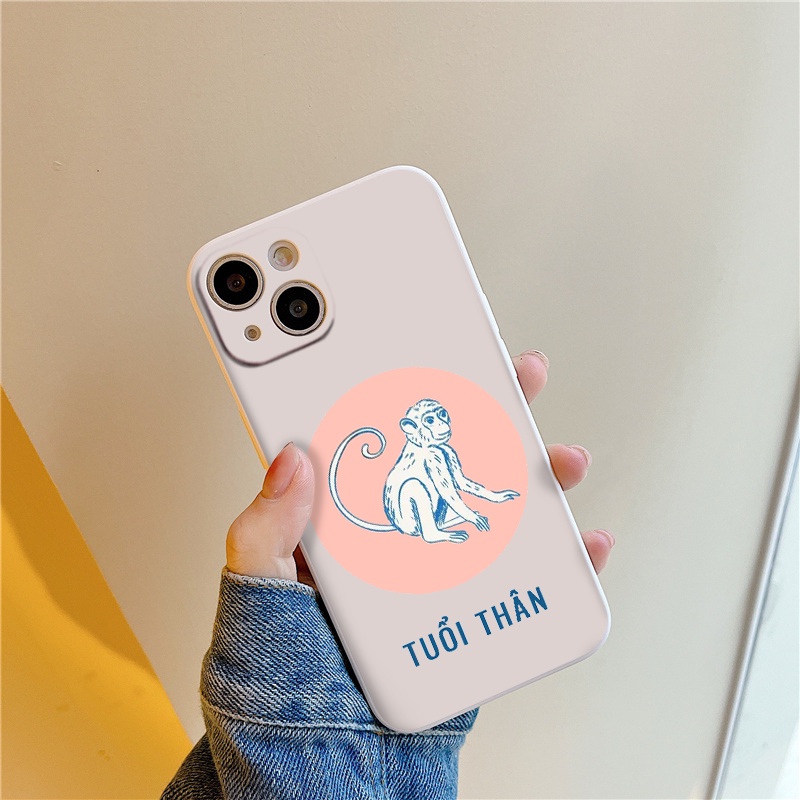 Ốp iphone - Ốp lưng iphone cạnh vuông bảo vệ camera 12 con giáp tuổi Thân nền kem dành cho ip 6 đến 14promax - ng472