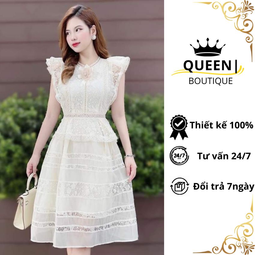 Đầm dự tiệc cài hoa chất ren mềm mại V061 có lót lụa cao cấp, Váy nữ tiểu thư ôm eo sang chảnh