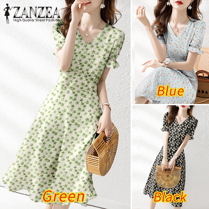 Đầm midi ZANZEA tay ngắn phồng cổ chữ V in họa tiết hoa thời trang dành cho nữ