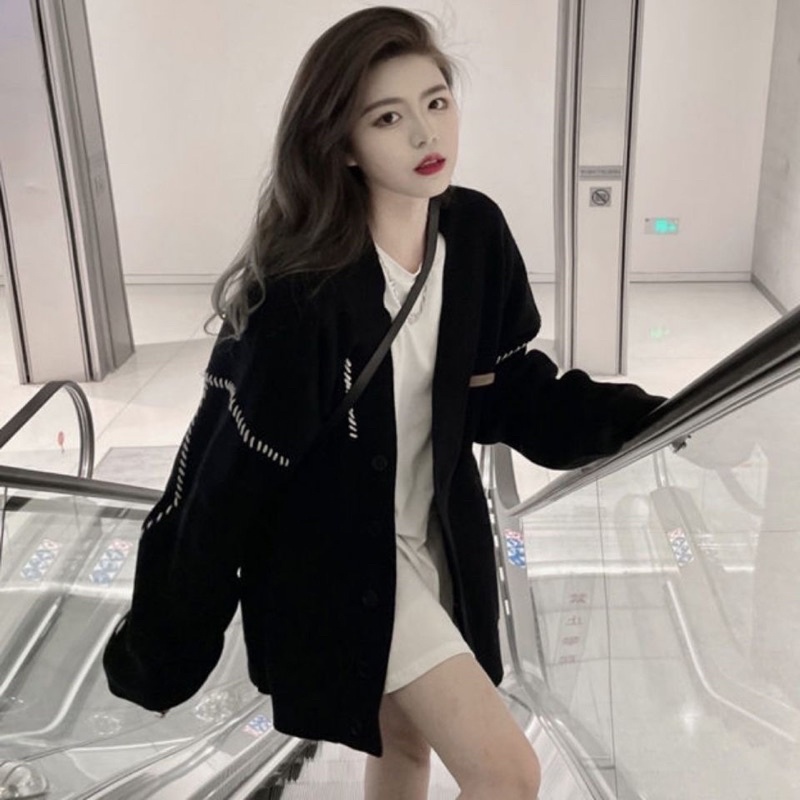 Áo Khoác Cardigan Nét Đứt Đen/Trắng Form Rộng Nam Nữ