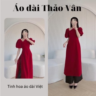 Áo dài thiết kế cổ yếm màu đỏ, áo dài tết-tv099