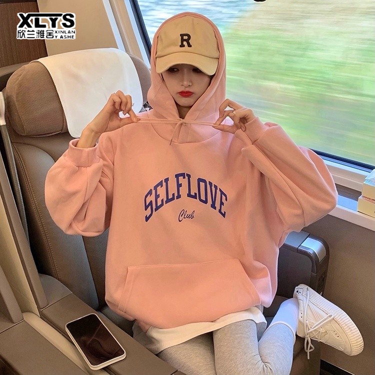 Áo nữ XINLANYASHE dáng rộng có mũ trùm đầu in chữ đơn giản