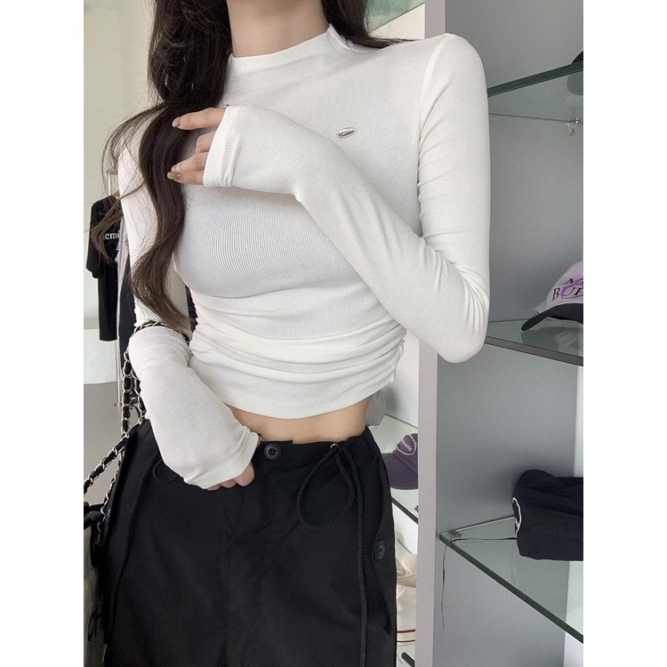 COZOK Áo thun COZOK tay dài cổ cao dáng ôm xếp ly phong cách cá tính cho nữ