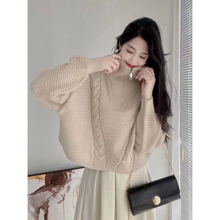 Áo len ZHELIHANGFEI dệt kim tay dài dáng rộng cổ đứng phối khóa kéo cá tính cho nữ