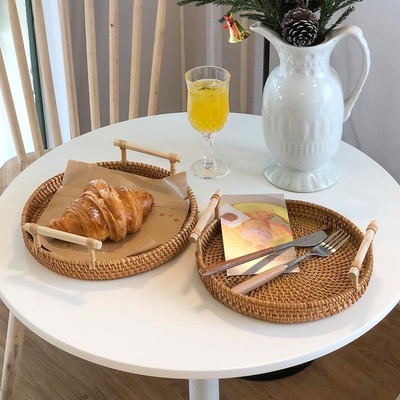Khay Mây Tròn Có Tay Cầm ONGTRE, Khay Đựng Đồ, Trà Bánh, Decor, Chụp Ảnh Sản Phẩm, Handmade, Nhà Hàng, Khách Sạn, Resort