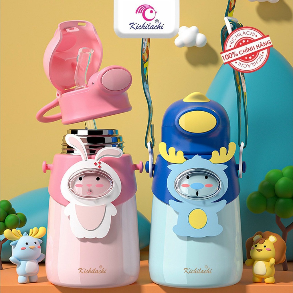 Bình Nước Giữ Nhiệt Cho Bé Kichilachi, Bình Nước Giữ Nhiệt 500ml Bằng Thép Không Gỉ 316 Với Họa Tiết Dễ Thương