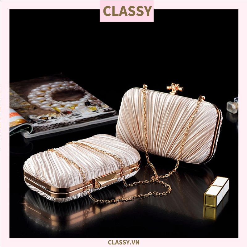 Clutch Classy cầm tay đi tiệc màu be, vải Satin Mịn Xinh Sang Dài 18 X Rộng 10 CM, dây đeo chuỗi hạt T006