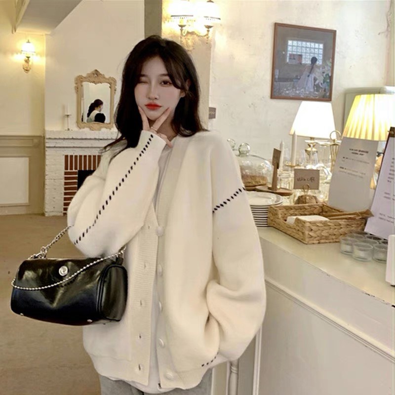 Áo len khoác cardigan nữ ulzzang, Áo khoác cadigan dáng rộng màu kem dài tay form rộng ladyquangchau