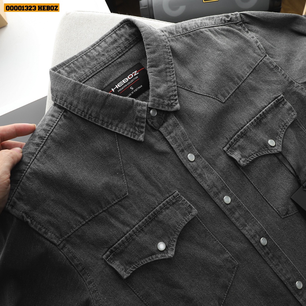 Sơ mi denim cúc bấm Heboz 4M - chất vải denim mỏng, nhẹ và thoáng mát -  00001323
