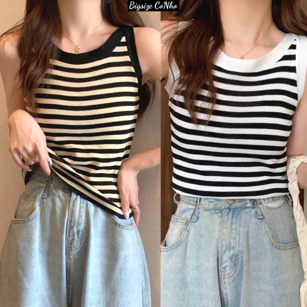 Áo croptop bigsize ba lỗ sọc viền trắng đen thun gân xịn co giãn manh G3