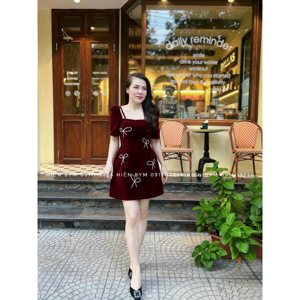 ĐẦM NHUNG TAY PHỒNG ĐÍNH NƠ ĐÁ 2M