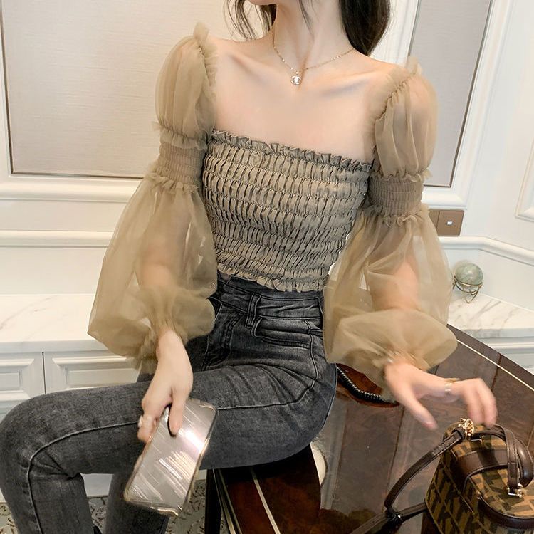 Áo Kiểu Trễ Vai Tay Dài Phồng Phối Lưới Chất Liệu Chiffon Thời Trang Cho Nữ