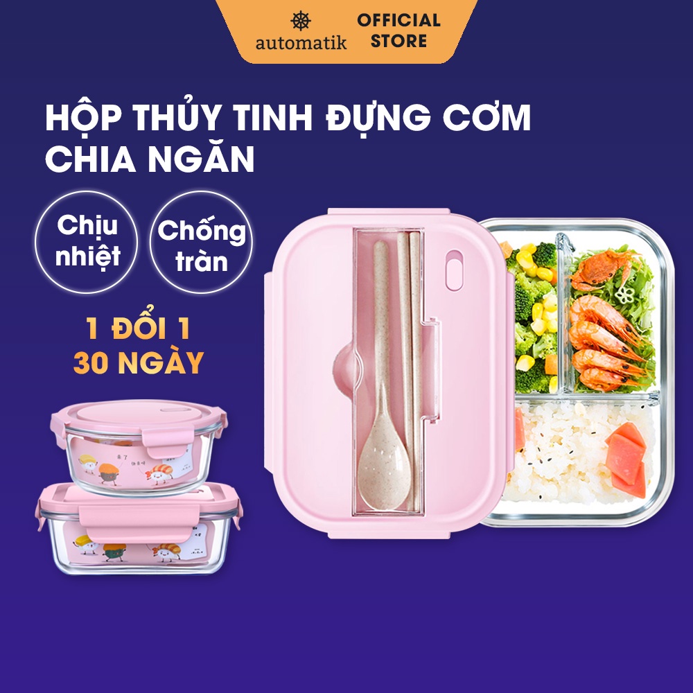 Hộp Đựng Cơm Thủy Tinh, Hộp Đựng Thực Phẩm Giữ Nhiệt, Set Hộp Thủy Tinh, Văn Phòng, 3 Ngăn, Chống Tràn - Automatik